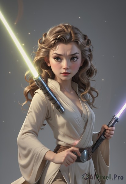 1girl,solo,long hair,breasts,looking at viewer,simple background,brown hair,long sleeves,holding,cleavage,brown eyes,closed mouth,weapon,small breasts,belt,sword,holding weapon,lips,wavy hair,holding sword,dual wielding,curly hair,robe,serious,realistic,nose,animification,glowing weapon,energy sword,lightsaber,blush,medium breasts,science fiction,fighting stance