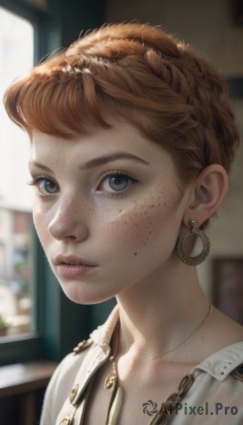 1girl,solo,looking at viewer,short hair,blue eyes,brown hair,shirt,jewelry,white shirt,braid,earrings,parted lips,indoors,necklace,orange hair,mole,blurry,lips,grey eyes,eyelashes,blurry background,portrait,freckles,realistic,nose,bangs,green eyes,collarbone,artist name,window,depth of field