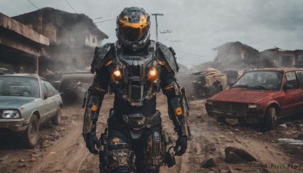 solo,1boy,standing,weapon,male focus,outdoors,sky,cloud,armor,gun,no humans,helmet,robot,ground vehicle,motor vehicle,science fiction,mountain,car,vehicle focus,power lines,grey sky,truck,looking at viewer,glowing,mecha,realistic,road,radio antenna