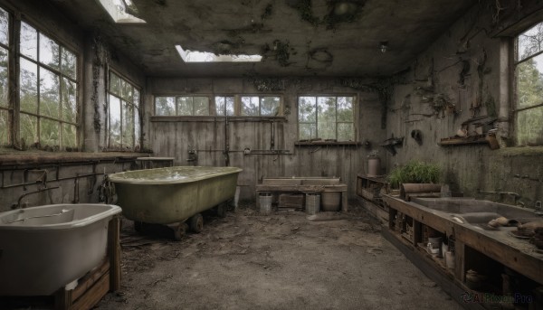 day,indoors,tree,no humans,window,chair,table,sunlight,plant,scenery,ruins,stool,bathtub,sink,faucet,overgrown,broken window,water,tiles,potted plant,bath,tile wall