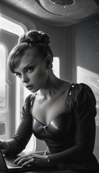 1girl,solo,breasts,looking at viewer,short hair,gloves,long sleeves,dress,cleavage,jewelry,medium breasts,sitting,collarbone,monochrome,upper body,greyscale,earrings,parted lips,puffy sleeves,artist name,indoors,signature,hair bun,lips,watermark,single hair bun,web address,science fiction,realistic,nose,computer,monitor,laptop,keyboard (computer),window