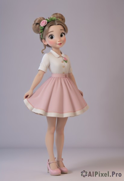 1girl,solo,looking at viewer,blush,smile,short hair,skirt,simple background,brown hair,shirt,hair ornament,dress,brown eyes,closed mouth,standing,full body,white shirt,flower,short sleeves,hairband,shoes,hair flower,dark skin,grey background,hair bun,high heels,flat chest,dark-skinned female,double bun,rose,child,pink skirt,pink footwear,female child,white background,lips,makeup,buttons,mary janes,pink flower,white pantyhose,skirt hold,pink rose