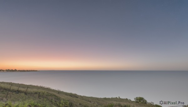 outdoors,sky,cloud,water,tree,no humans,night,ocean,grass,plant,star (sky),night sky,scenery,starry sky,sunset,horizon,landscape,gradient sky,hill,comic,beach,nature