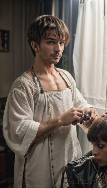 1girl,looking at viewer,short hair,bangs,brown hair,black hair,long sleeves,1boy,dress,holding,brown eyes,jewelry,closed mouth,standing,male focus,solo focus,indoors,dark skin,necklace,nail polish,white dress,blurry,black eyes,lips,window,makeup,blurry background,facial hair,ring,curtains,red nails,beard,zipper,realistic,nose,stubble,chest hair,dressing another,bag,apron,handbag