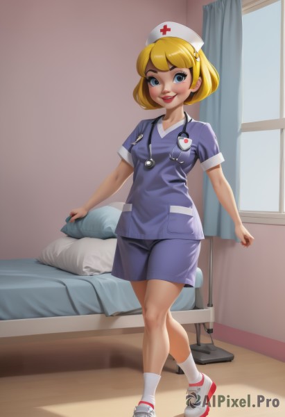 1girl,solo,breasts,looking at viewer,smile,short hair,open mouth,blue eyes,blonde hair,hat,standing,full body,short sleeves,small breasts,shoes,shorts,teeth,socks,indoors,lips,pillow,window,bed,on bed,curtains,white socks,sneakers,walking,nurse cap,nurse,stethoscope,red cross,hospital bed,blush,skirt,dress,parted lips,makeup,nose,red lips,id card,clipboard