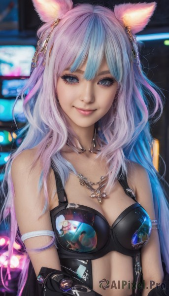 1girl,solo,long hair,breasts,looking at viewer,smile,bangs,blue eyes,hair ornament,animal ears,cleavage,bare shoulders,jewelry,medium breasts,closed mouth,blue hair,upper body,pink hair,purple hair,multicolored hair,necklace,blurry,two-tone hair,lips,grey eyes,gradient hair,blurry background,realistic,underwear,earrings,cat ears,bra,eyelashes,makeup,facial mark,slit pupils,bikini top only,armlet,miqo'te