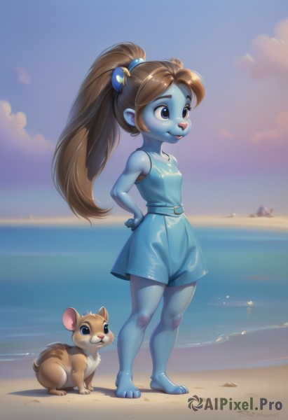 1girl,solo,long hair,breasts,smile,blue eyes,brown hair,hair ornament,dress,animal ears,bare shoulders,brown eyes,closed mouth,standing,tail,full body,ponytail,small breasts,outdoors,sky,shorts,barefoot,sleeveless,day,shiny,belt,artist name,cloud,signature,water,blurry,shiny hair,flat chest,blue sky,hand on hip,toes,sleeveless dress,blurry background,blue dress,colored skin,ocean,animal,watermark,beach,short dress,child,furry,hands on hips,sand,blue skin,furry female,female child,pointy ears