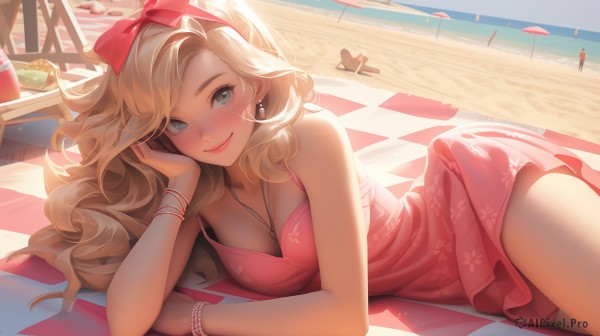 1girl,solo,long hair,breasts,looking at viewer,blush,smile,blue eyes,blonde hair,dress,bow,cleavage,bare shoulders,jewelry,medium breasts,closed mouth,collarbone,swimsuit,hair bow,bikini,hairband,earrings,outdoors,lying,food,sleeveless,solo focus,day,water,necklace,red bow,bracelet,lips,one-piece swimsuit,fruit,sleeveless dress,ocean,umbrella,wavy hair,on side,beach,table,sunlight,pink bow,towel,pink dress,drinking glass,curly hair,head rest,pink lips,sand,drink,shade,parasol,beach umbrella,beach towel,pink one-piece swimsuit,bangs,thighs,arm support,short dress,floral print,between breasts,freckles,red hairband,bangle