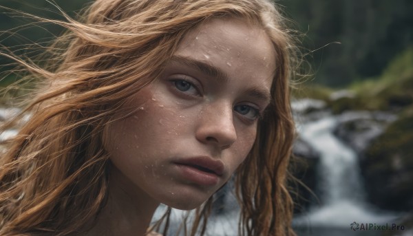 1girl, solo, long hair, looking at viewer, blue eyes, blonde hair, blurry, lips, depth of field, blurry background, portrait, freckles, realistic, nose