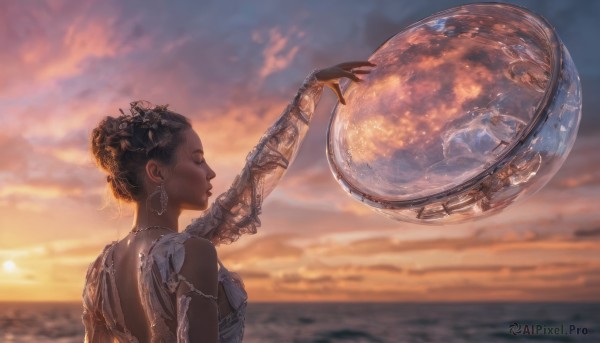 1girl, solo, brown hair, dress, jewelry, closed eyes, upper body, earrings, sky, cloud, dark skin, necklace, hair bun, blurry, arm up, dark-skinned female, profile, single hair bun, cloudy sky, sunset, orb