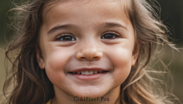 1girl,solo,long hair,looking at viewer,smile,open mouth,blue eyes,blonde hair,brown hair,1boy,brown eyes,male focus,teeth,grin,blurry,black eyes,lips,blurry background,messy hair,portrait,close-up,realistic,nose,parted lips,eyelashes,parody