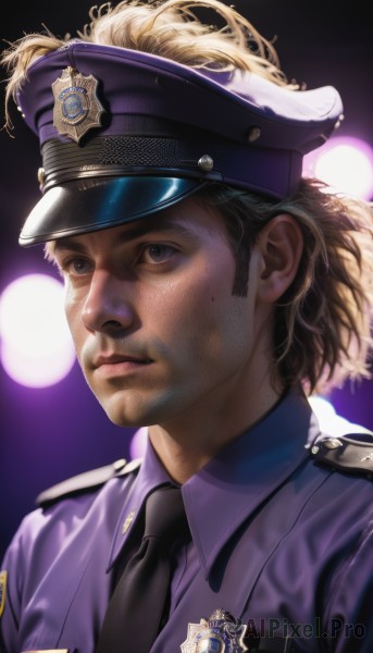 solo,short hair,blue eyes,blonde hair,shirt,1boy,hat,closed mouth,upper body,male focus,necktie,collared shirt,mole,uniform,black eyes,lips,portrait,black necktie,realistic,nose,badge,police,police uniform,policewoman,police hat,brown hair,sweat,blurry,blurry background,facial hair,blue shirt,backlighting,freckles