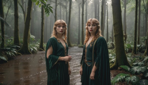 long hair,breasts,looking at viewer,multiple girls,blonde hair,brown hair,long sleeves,dress,2girls,cleavage,brown eyes,jewelry,medium breasts,standing,outdoors,parted lips,day,wide sleeves,necklace,tree,siblings,wavy hair,own hands together,plant,sisters,nature,forest,green dress,twins,realistic,red lips,open mouth,bangs,blue eyes,mole,lips,makeup,sunlight,scenery,path