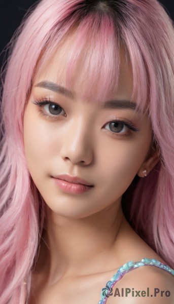 1girl,solo,long hair,looking at viewer,bangs,bare shoulders,brown eyes,jewelry,closed mouth,collarbone,pink hair,multicolored hair,earrings,black eyes,lips,eyelashes,makeup,piercing,black background,ear piercing,portrait,close-up,eyeshadow,realistic,nose,stud earrings,simple background,necklace