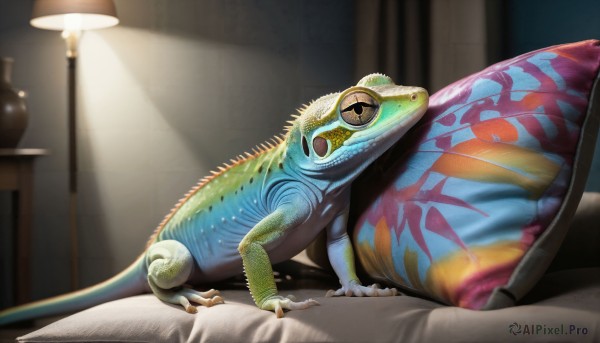 HQ,solo,lying,indoors,blurry,black eyes,pillow,no humans,bed,blurry background,colored skin,animal,on bed,claws,realistic,lamp,scales,animal focus,dinosaur,desk lamp,lizard,window,frog,bedroom