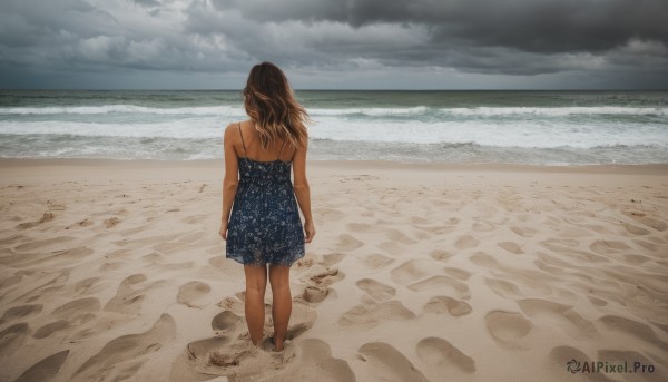 1girl,solo,long hair,brown hair,dress,bare shoulders,standing,outdoors,sky,barefoot,day,cloud,water,from behind,bare arms,blue dress,ocean,beach,cloudy sky,scenery,walking,sand,arms at sides,horizon,facing away,waves,shore,footprints,sleeveless,black dress,bare legs,sleeveless dress,dirty feet