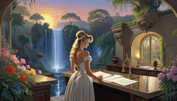 1girl,solo,long hair,smile,blonde hair,hair ornament,dress,bare shoulders,jewelry,standing,closed eyes,braid,flower,earrings,sky,looking back,indoors,water,off shoulder,hair bun,from behind,white dress,tree,lips,book,window,double bun,profile,rose,leaf,back,table,sunlight,plant,red flower,scenery,pink flower,desk,blue flower,sunset,paper,fantasy,purple flower,off-shoulder dress,sun,potted plant,candle,backless dress,pink rose,pillar,vase,waterfall,quill,fountain,brown hair,necklace