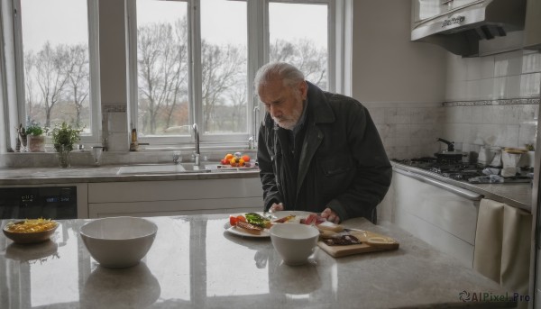 solo,short hair,long sleeves,1boy,sitting,closed mouth,jacket,white hair,grey hair,male focus,food,indoors,tree,coat,black jacket,window,facial hair,scar,chair,table,knife,plant,beard,scar on face,snow,plate,bowl,old,old man,bare tree,kitchen,photo background,sink,cutting board,holding,artist name,fruit,looking down,scenery,reflection,realistic,spoon,carrot,leather jacket,tomato,russian text,counter,stove