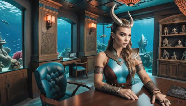 1girl,solo,long hair,breasts,looking at viewer,blonde hair,brown hair,bare shoulders,brown eyes,jewelry,medium breasts,sitting,multicolored hair,horns,sleeveless,belt,indoors,water,bracelet,lips,book,makeup,bird,chair,table,armlet,fish,clock,lamp,bracer,mermaid,shell,seashell,coral,aquarium,earrings,armor,tattoo,ring,scenery,armband,underwater,fantasy,statue,dolphin