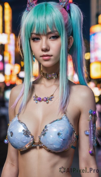 1girl,solo,long hair,breasts,looking at viewer,bangs,blue eyes,hair ornament,navel,cleavage,twintails,jewelry,medium breasts,closed mouth,blue hair,collarbone,swimsuit,upper body,sidelocks,bikini,multicolored hair,earrings,choker,necklace,armor,blurry,aqua eyes,lips,aqua hair,blurry background,realistic,bikini armor,bare shoulders,green hair,artist name,collar,makeup,depth of field,gem,bikini top only,blue bikini,armlet