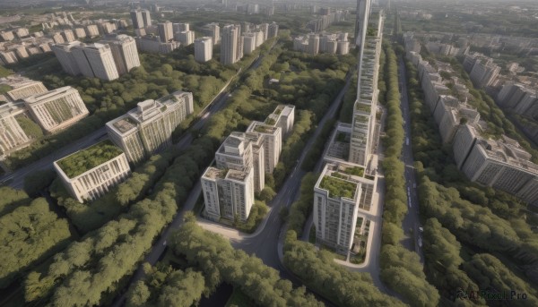 outdoors,tree,no humans,from above,building,nature,scenery,forest,city,cityscape,ruins,bridge,river,skyscraper,landscape,overgrown,water