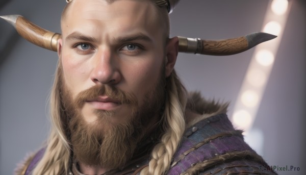 solo,long hair,looking at viewer,blue eyes,blonde hair,1boy,closed mouth,braid,male focus,horns,mole,blurry,grey eyes,single braid,blurry background,facial hair,portrait,hair over shoulder,beard,realistic,nose,mustache,bald,manly,lips,cosplay,horn ornament