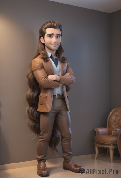 solo,long hair,looking at viewer,smile,brown hair,shirt,long sleeves,1boy,brown eyes,very long hair,closed mouth,standing,jacket,full body,white shirt,male focus,open clothes,necktie,shoes,collared shirt,belt,pants,artist name,indoors,vest,open jacket,facial hair,chair,brown footwear,formal,crossed arms,thick eyebrows,grey shirt,buckle,black belt,brown jacket,belt buckle,brown belt,brown pants,brown vest,armchair,1girl,boots,lips,dress shirt,shadow,wavy hair,black pants,blazer,suit,wing collar,animification