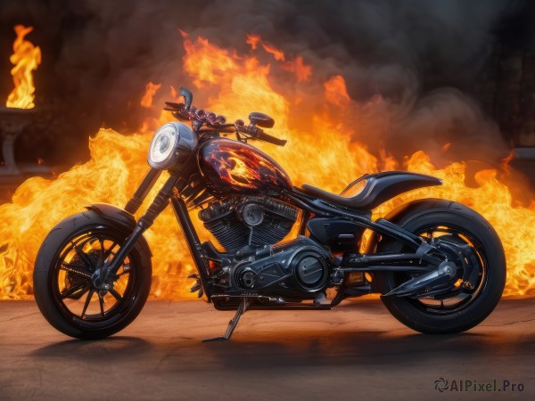 solo,boots,outdoors,no humans,helmet,fire,ground vehicle,motor vehicle,smoke,riding,explosion,vehicle focus,motorcycle,on motorcycle,burning,wheel