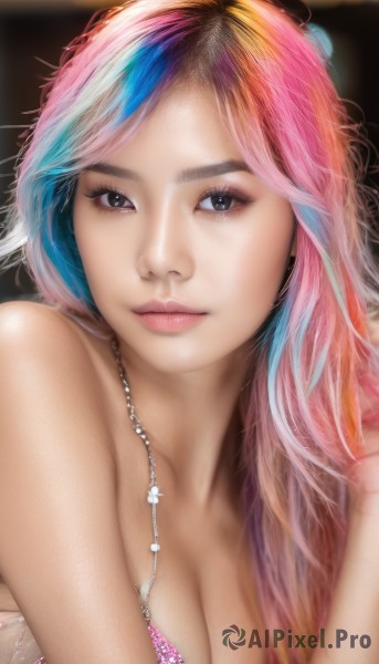 1girl,solo,long hair,breasts,looking at viewer,bangs,blue eyes,cleavage,bare shoulders,jewelry,medium breasts,closed mouth,blue hair,collarbone,swimsuit,upper body,pink hair,bikini,multicolored hair,lying,necklace,blurry,black eyes,two-tone hair,lips,eyelashes,makeup,on side,eyeshadow,pink lips,realistic,nose,mascara,rainbow hair,large breasts,brown eyes