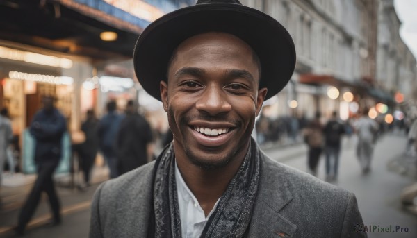 solo,looking at viewer,smile,open mouth,shirt,1boy,hat,jewelry,jacket,white shirt,upper body,male focus,earrings,outdoors,teeth,solo focus,collared shirt,dark skin,grin,blurry,black eyes,black jacket,black headwear,depth of field,blurry background,facial hair,formal,dark-skinned male,suit,beard,realistic,grey jacket,mustache,bald,crowd,very dark skin,photo background,real life insert,short hair,lips,dress shirt,wing collar,portrait,meme,bokeh,people