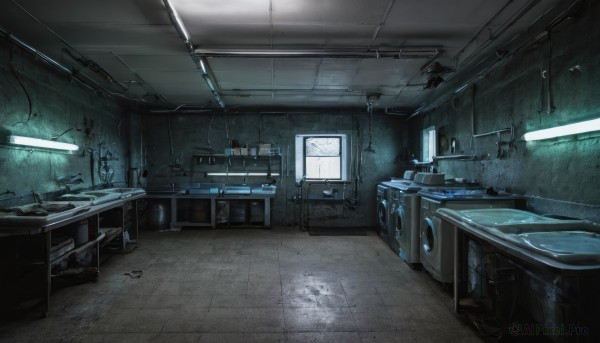 indoors,no humans,chair,table,scenery,science fiction,tiles,light,lamp,cable,computer,monitor,ceiling,sink,ceiling light,window,tile floor,industrial pipe