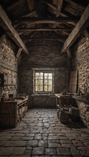 day,indoors,no humans,window,sunlight,scenery,wooden floor,stairs,brick wall,shelf,barrel,treasure chest,stone wall,crate,wood,brick,chair,table,fantasy,bucket,candle,wall,candlestand,chandelier