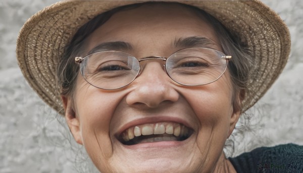 solo,looking at viewer,smile,open mouth,shirt,black hair,1boy,hat,male focus,glasses,teeth,black eyes,half-closed eyes,thick eyebrows,portrait,realistic,round eyewear,brown headwear,straw hat,grey-framed eyewear,short hair,lips,clenched teeth,close-up