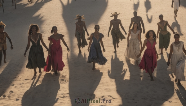 long hair,short hair,multiple girls,brown hair,black hair,hat,dress,weapon,multiple boys,barefoot,sword,white dress,4girls,shadow,holding hands,6+girls,red dress,polearm,walking,6+boys,straw hat,silhouette,blonde hair,torn clothes,parody,mother and daughter,torn dress,horror (theme)