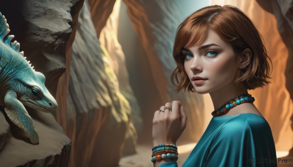 1girl,solo,looking at viewer,short hair,blue eyes,brown hair,shirt,jewelry,upper body,earrings,outdoors,parted lips,hand up,necklace,blurry,bracelet,from side,lips,blurry background,animal,ring,blue shirt,freckles,fish,beads,rock,realistic,nose,bangs,choker,eyelashes,makeup,clenched hand,dragon,pearl necklace