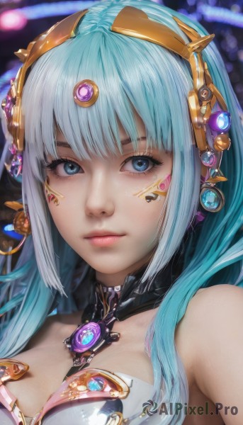 1girl,solo,long hair,breasts,looking at viewer,bangs,blue eyes,hair ornament,cleavage,bare shoulders,jewelry,medium breasts,closed mouth,blue hair,upper body,choker,blunt bangs,blurry,lips,eyelashes,aqua hair,blurry background,headgear,gem,portrait,realistic,nose,earrings,close-up