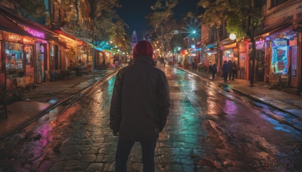 jacket, red hair, outdoors, sky, solo focus, pants, from behind, tree, dutch angle, night, building, night sky, scenery, city, sign, road, lamppost, street, neon lights, pavement, vanishing point