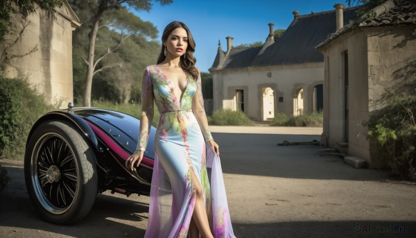 HQ,1girl,solo,long hair,breasts,looking at viewer,brown hair,black hair,dress,cleavage,brown eyes,medium breasts,standing,outdoors,sky,day,tree,lips,makeup,floral print,lipstick,ground vehicle,building,motor vehicle,realistic,car,road,sports car,jewelry,side slit,green dress,plunging neckline