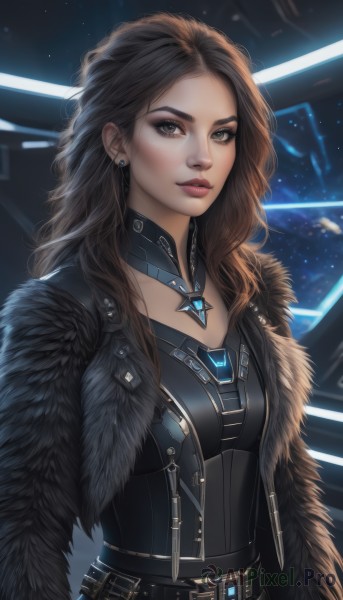 1girl,solo,long hair,breasts,looking at viewer,brown hair,brown eyes,jewelry,jacket,upper body,earrings,open clothes,choker,belt,lips,coat,fur trim,makeup,wavy hair,lipstick,eyeshadow,science fiction,realistic,nose,space,necklace,armor,grey eyes,detached collar,forehead