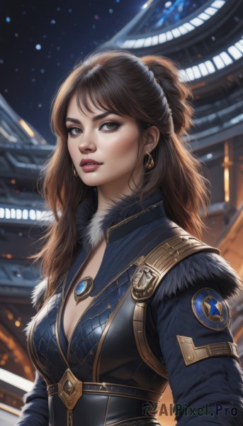 1girl,solo,long hair,breasts,looking at viewer,bangs,brown hair,cleavage,brown eyes,jewelry,medium breasts,upper body,earrings,outdoors,parted lips,sky,necklace,blurry,lips,fur trim,makeup,night,blurry background,half updo,realistic,nose,architecture,artist name,signature,night sky,fur collar,emblem,east asian architecture