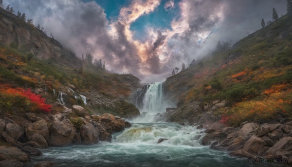 outdoors, sky, day, cloud, water, tree, no humans, cloudy sky, nature, scenery, forest, rock, mountain, river, waterfall, landscape