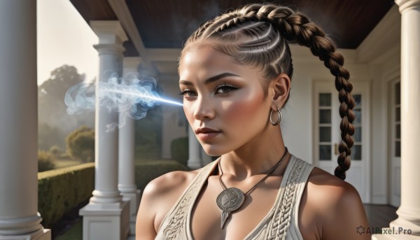 1girl,solo,long hair,breasts,looking at viewer,brown hair,dress,cleavage,bare shoulders,brown eyes,jewelry,collarbone,upper body,braid,earrings,parted lips,dark skin,necklace,dark-skinned female,lips,smoke,realistic,nose,dirty,pillar,very dark skin,column,multiple braids,black hair,medium breasts,makeup,glowing,piercing,portrait,forehead,hoop earrings