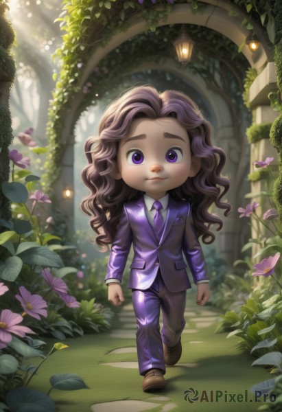 1girl,solo,long hair,looking at viewer,brown hair,shirt,long sleeves,1boy,closed mouth,standing,purple eyes,jacket,full body,white shirt,purple hair,flower,male focus,outdoors,necktie,shoes,collared shirt,pants,blurry,leaf,wavy hair,brown footwear,formal,thick eyebrows,suit,plant,child,clenched hands,walking,curly hair,running,purple flower,purple jacket,lamppost,purple necktie,purple pants,artist name,tree,lips,watermark,sunlight,blazer,light rays,vines