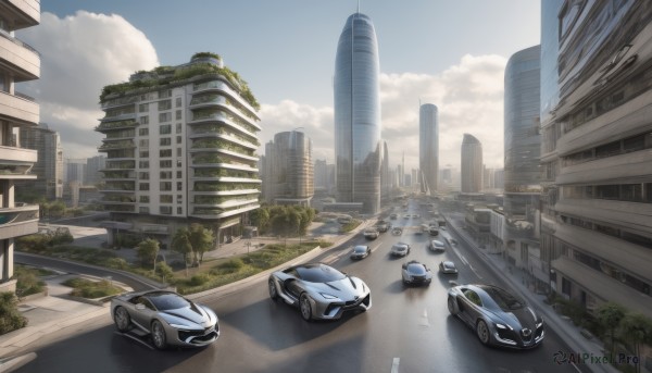 outdoors,sky,day,cloud,tree,blue sky,no humans,cloudy sky,ground vehicle,building,scenery,motor vehicle,city,car,road,cityscape,ruins,vehicle focus,street,skyscraper,crosswalk,reflection,sports car,real world location