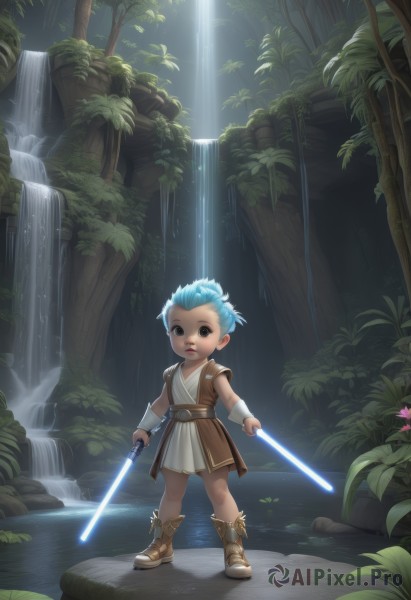 solo,looking at viewer,short hair,1boy,holding,brown eyes,blue hair,standing,full body,weapon,flower,male focus,boots,outdoors,sword,water,holding weapon,tree,brown footwear,aged down,plant,wristband,child,nature,forest,science fiction,dual wielding,fantasy,male child,waterfall,energy sword,tunic,lightsaber,1girl,lips,rock,realistic,animification,mohawk,pond