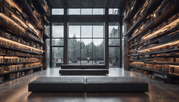 sky,day,cloud,indoors,tree,book,no humans,window,chair,table,sunlight,building,nature,scenery,couch,forest,wooden floor,bookshelf,architecture,library,cloudy sky,ceiling