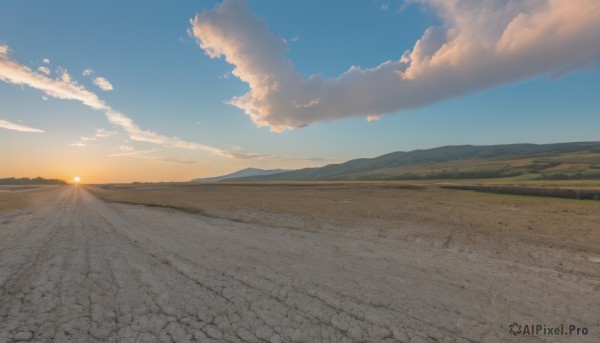 outdoors,sky,day,cloud,blue sky,no humans,sunlight,cloudy sky,scenery,sunset,mountain,sun,horizon,road,landscape,mountainous horizon,gradient sky,path,sunrise,hill,grass