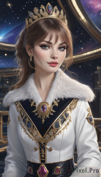 1girl,solo,long hair,looking at viewer,smile,blue eyes,brown hair,long sleeves,jewelry,upper body,braid,earrings,sky,belt,lips,coat,grey eyes,fur trim,makeup,tiara,crown,lipstick,gem,star (sky),starry sky,gold trim,realistic,white coat,red lips,space,fur-trimmed coat,planet,red gemstone,breasts,bangs,dress,closed mouth,artist name,eyelashes,eyeshadow