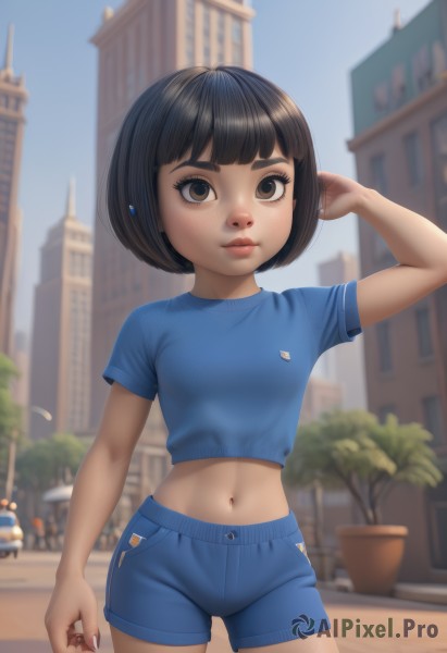 1girl,solo,breasts,looking at viewer,smile,short hair,bangs,brown hair,shirt,black hair,navel,brown eyes,closed mouth,standing,short sleeves,cowboy shot,small breasts,outdoors,sky,shorts,day,midriff,artist name,dark skin,blunt bangs,stomach,blurry,arm up,dark-skinned female,blue sky,lips,crop top,short shorts,depth of field,blurry background,bob cut,thick eyebrows,blue shirt,plant,t-shirt,building,child,freckles,arm at side,arm behind head,contrapposto,blue shorts,city,nose,female child,car,potted plant,midriff peek,cropped shirt,nail polish,tree,fingernails,eyelashes,ground vehicle,motor vehicle,denim shorts