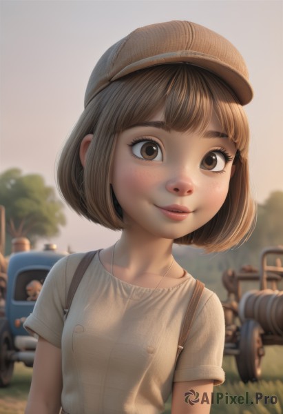 1girl,solo,breasts,looking at viewer,smile,short hair,bangs,brown hair,shirt,hat,brown eyes,jewelry,closed mouth,collarbone,white shirt,upper body,short sleeves,small breasts,outdoors,parted lips,day,blunt bangs,necklace,bag,blurry,flat chest,tree,lips,depth of field,blurry background,bob cut,suspenders,grass,ground vehicle,child,motor vehicle,freckles,nose,brown headwear,cabbie hat,female child,car,blush,covered nipples,eyelashes,thick eyebrows,realistic